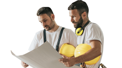 Two men looking at a building plan