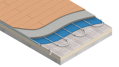 Underfloor diagram showing a screed floor installation with staple system.