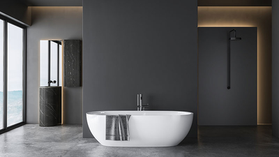 Dark grey bathroom with modern bathroom plumbing trends white bathtub and two sinks with square mirrors and shower area.